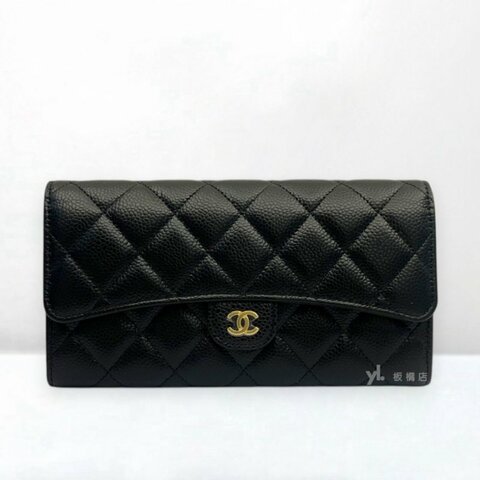 S5422-Chanel 黑荔枝牛皮金扣下蓋長夾AP0241