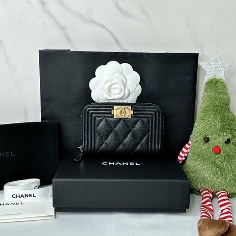 CHANEL BOY霧金牛皮零錢包