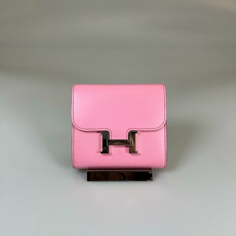 HERMES □M刻 櫻花粉銀扣康康短夾