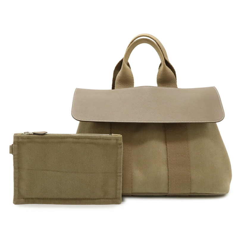 HERMES 瓦爾帕萊索小號手提包托特包 Toile V 形皮革 Etoupe Greige L Stamp-0