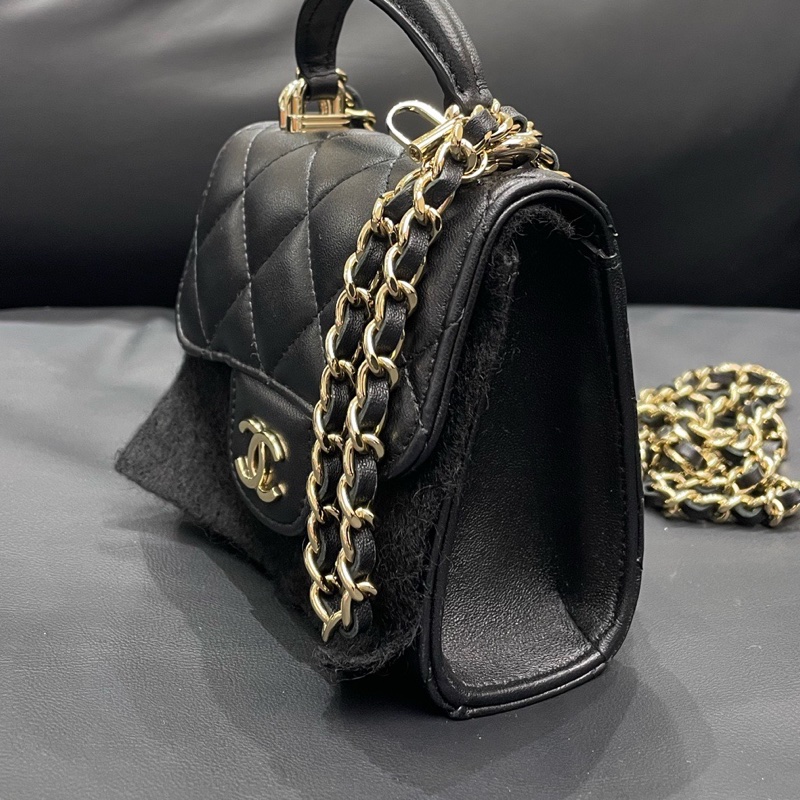 CHANEL/香奈兒 芯片款 菱格皮穿鏈 亮面翻蓋 小羊皮 黑金色單肩斜挎鏈條包 尺寸：12.5*9.5*3.5cm 附件：防塵袋、-2