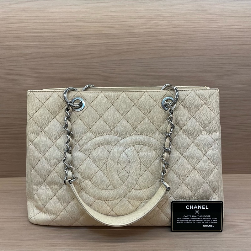 Chanel香奈儿GST奶茶色荔枝皮大號，2014年 ，18開 托特链条单肩包 有卡 有塵袋 無盒子-0