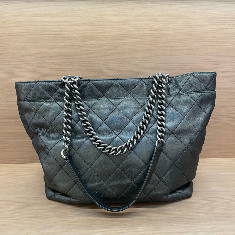 Chanel 香奈儿 TOTE 2016年 21開 黑銀色牛皮格纹单肩包手提包 有塵袋 無卡 無盒子-1