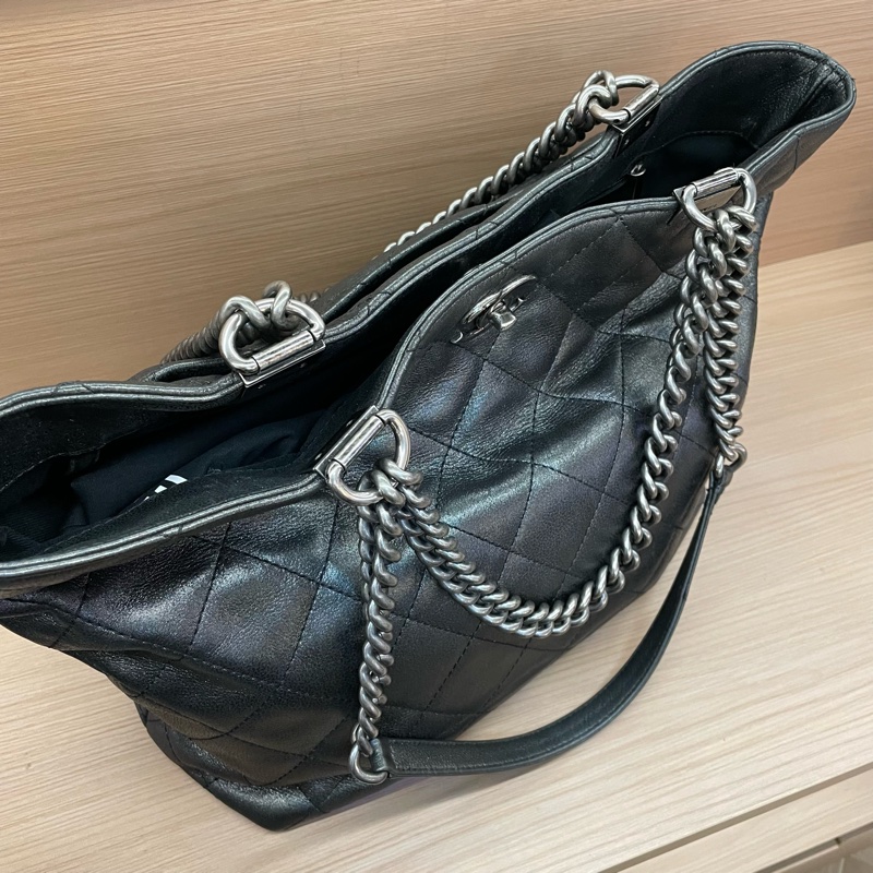 Chanel 香奈儿 TOTE 2016年 21開 黑銀色牛皮格纹单肩包手提包 有塵袋 無卡 無盒子-5