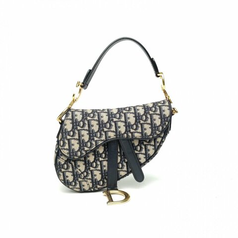 DIOR SADDLE馬鞍小號藍色帆布金扣Oblique印花肩背包