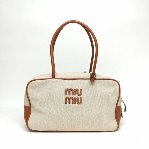 MIU MIU 24SS秀款徽標手提公事包34米白色帆布肩背包