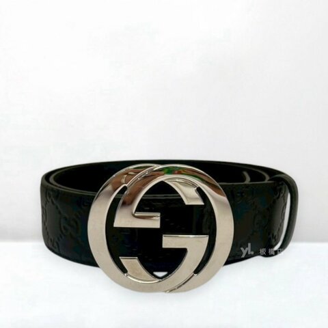 S5444-Gucci GG黑色壓紋牛皮銀釦皮帶411924