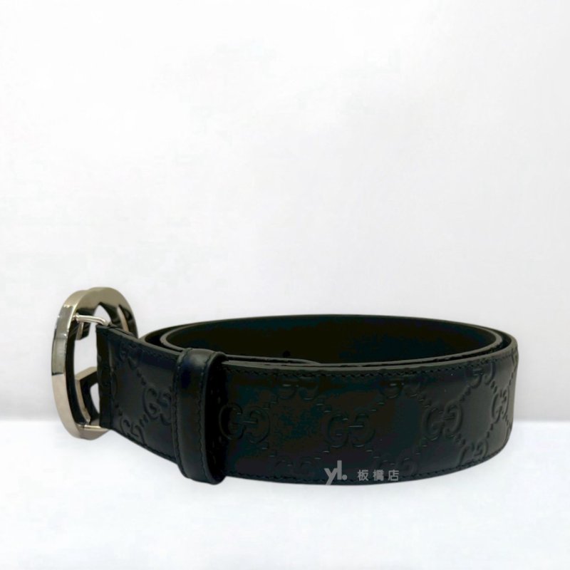 S5444-Gucci GG黑色壓紋牛皮銀釦皮帶411924-2