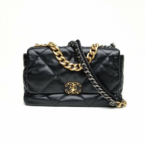 CHANEL 19BAG口蓋包中號黑色羊皮晶片開金銀扣肩背包