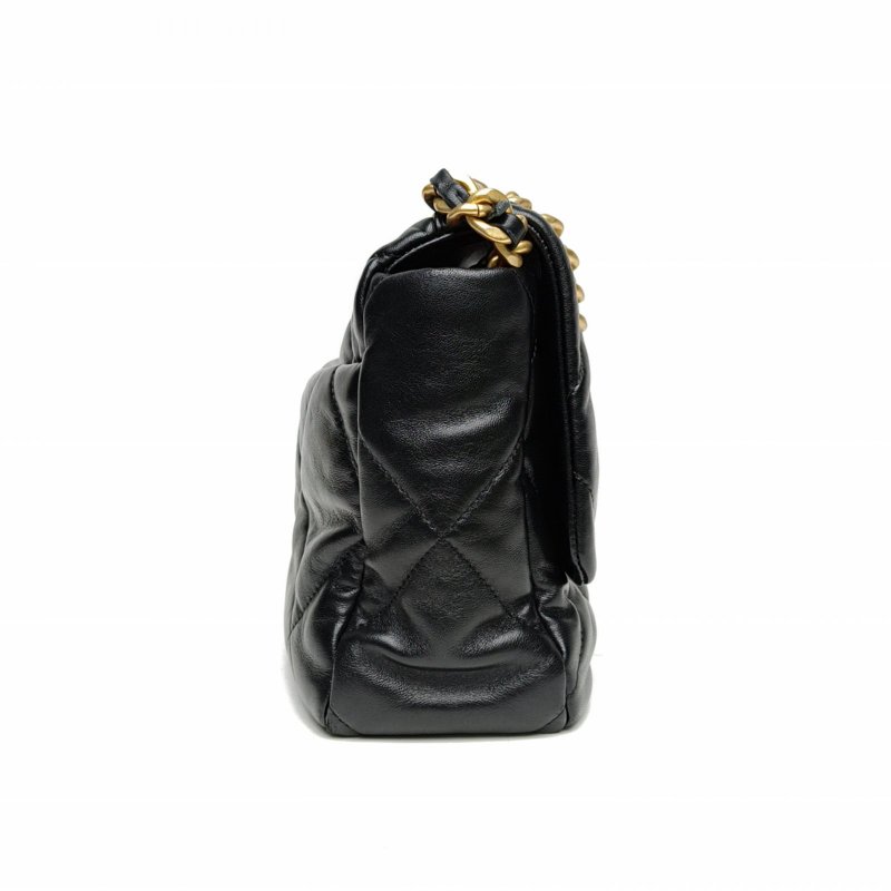 CHANEL 19BAG口蓋包中號黑色羊皮晶片開金銀扣肩背包-1