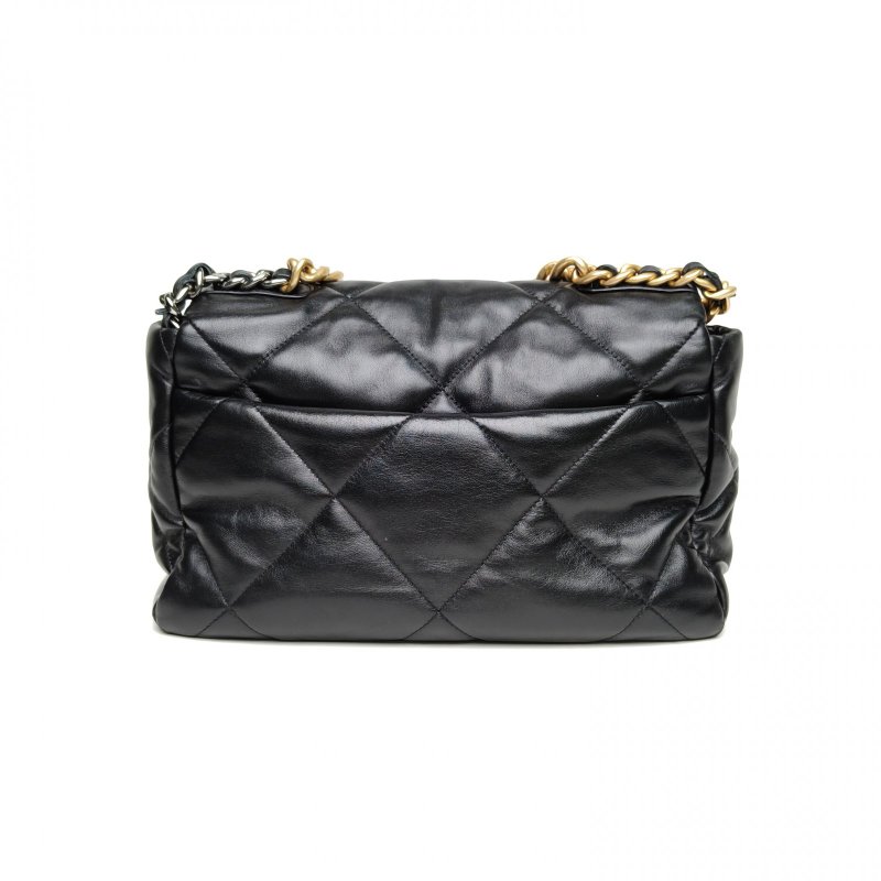 CHANEL 19BAG口蓋包中號黑色羊皮晶片開金銀扣肩背包-2
