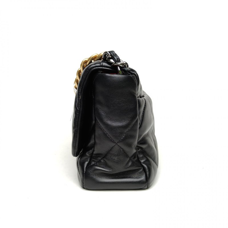 CHANEL 19BAG口蓋包中號黑色羊皮晶片開金銀扣肩背包-3