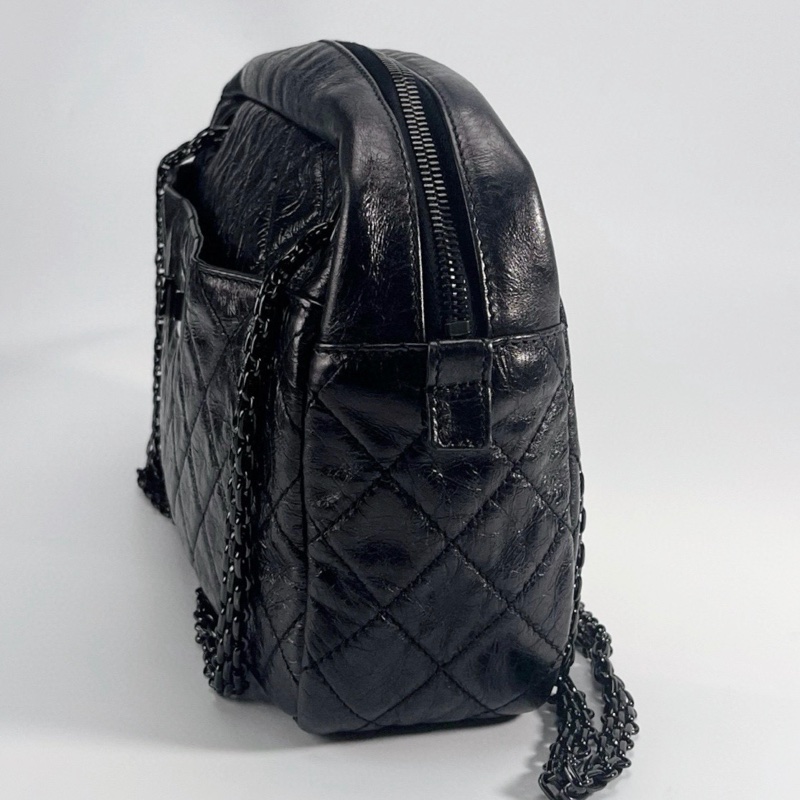 「JL精品代購」 9新 香奈兒so black2.55 珠光牛皮拉鍊鏈條相機包-7