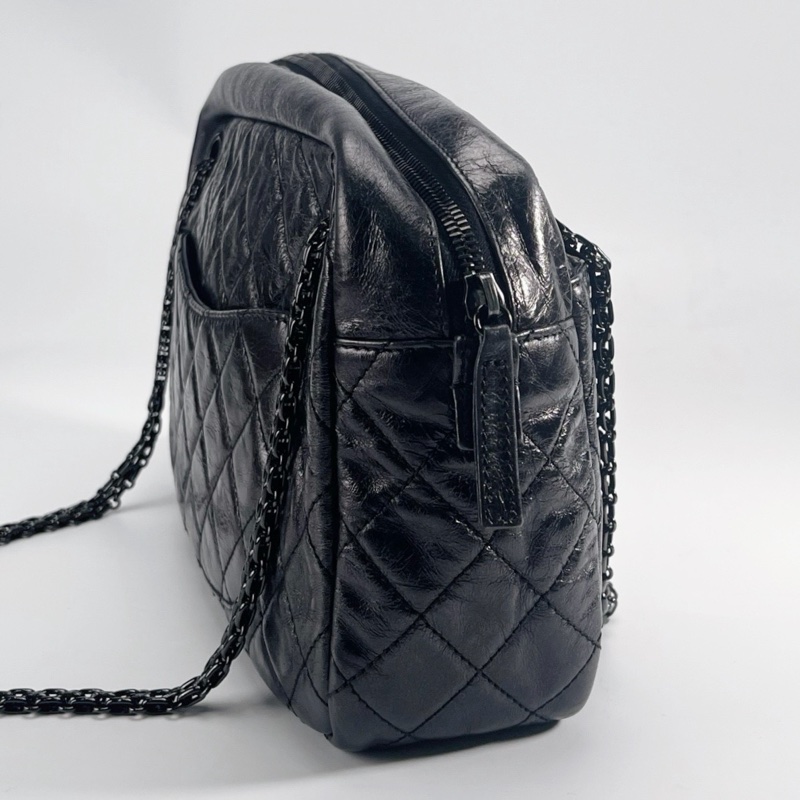 「JL精品代購」 9新 香奈兒so black2.55 珠光牛皮拉鍊鏈條相機包-8