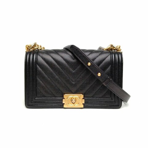CHANEL Leboy中號黑色荔枝牛皮25開金扣V紋肩背包