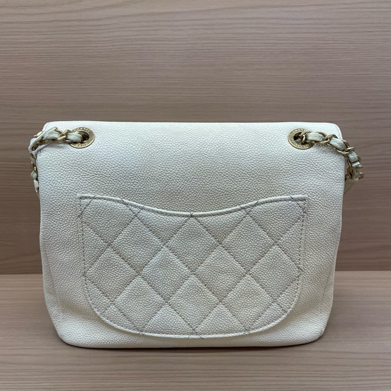 Chanel 荔枝皮 白金 2019年 28開 中號 双口袋相機包 有塵袋 有卡 無盒子-1