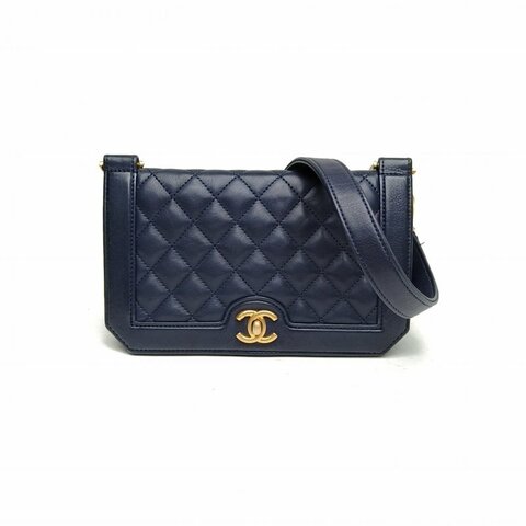 CHANEL 藍色牛皮24開金扣鏈條包肩背包