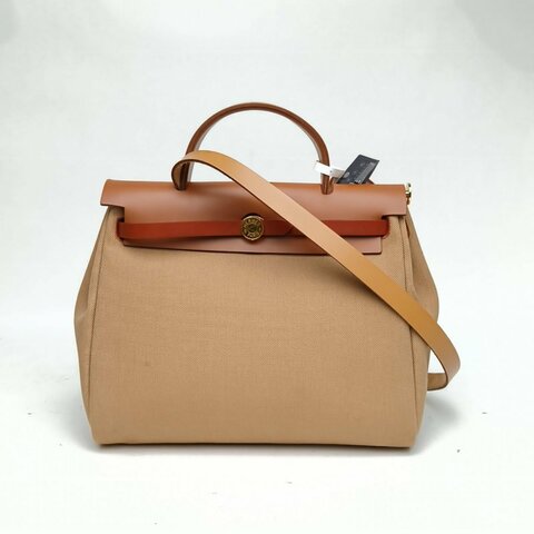 HERMES Herbag31黃褐色拼瑪薩拉茶色帆布/牛皮W刻肩背包