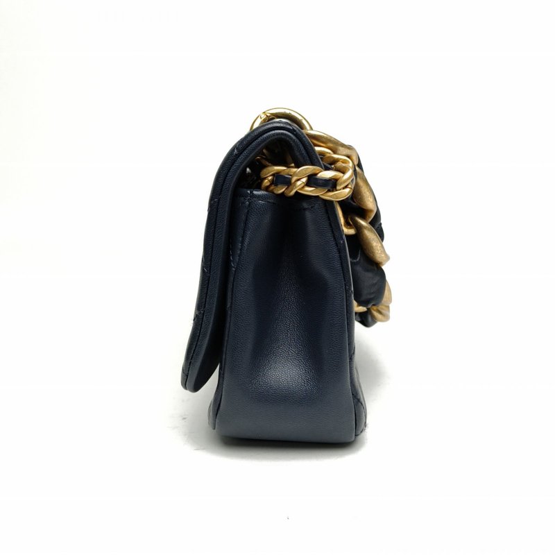 CHANEL 21P口蓋包墨藍色羊皮31開金扣皮穿鏈手柄肩背包-1