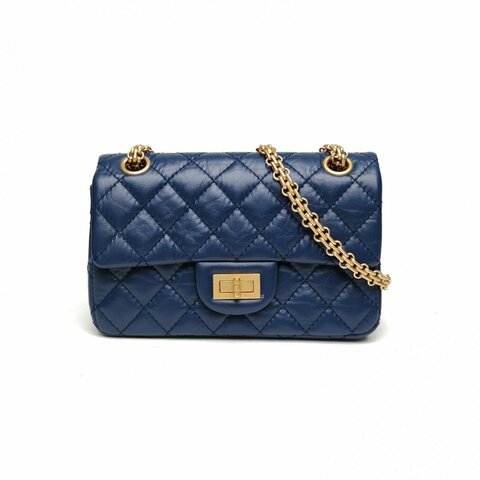 CHANEL 2.55口蓋包迷你20藍色牛皮晶片金扣肩背包
