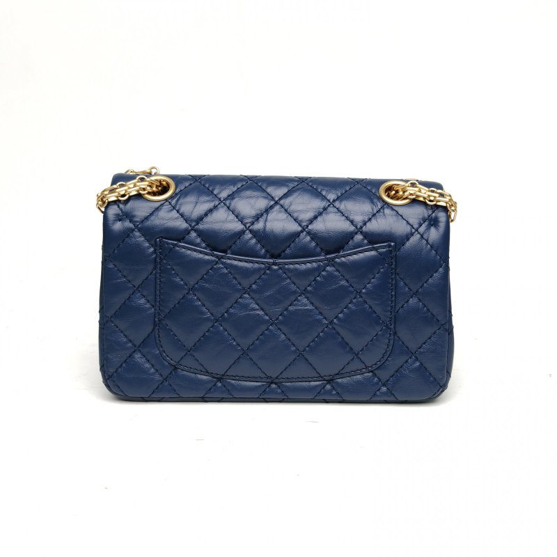 CHANEL 2.55口蓋包迷你20藍色牛皮晶片金扣肩背包-2