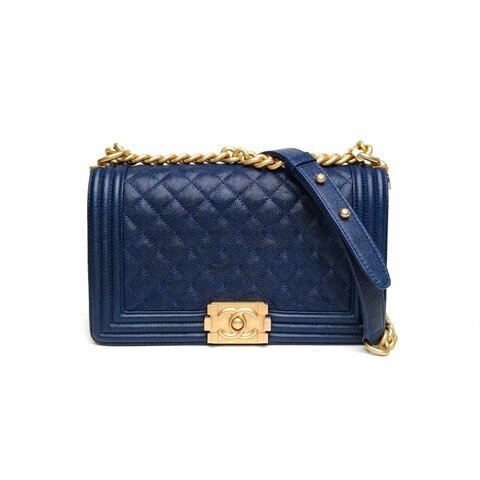 CHANEL Leboy中號25藍色荔枝牛皮25開金扣肩背包