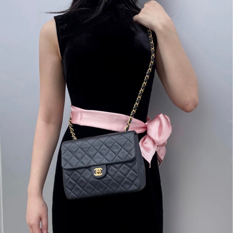 「JL精品代購」9新 Chanel 香奈兒黑金羊皮方胖-2