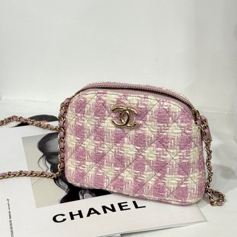 CHANEL 千鳥格紋毛尼粉 貝殼包 晶片款