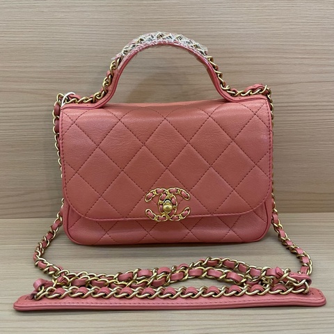 Chanel 香奈儿 19bag 28開 珊瑚粉 邮差手提斜挎链条包  有塵袋 無卡 無盒子 尺寸底長20*高14*寬6cm