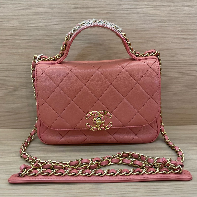 Chanel 香奈儿 19bag 28開 珊瑚粉 邮差手提斜挎链条包  有塵袋 無卡 無盒子 尺寸底長20*高14*寬6cm-0