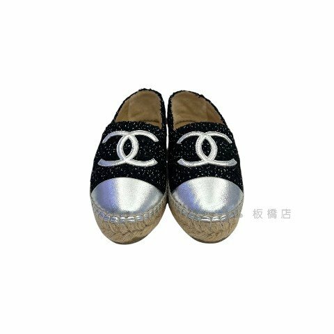 Y1950-Chanel 黑毛呢銀牛皮草編漁夫鞋