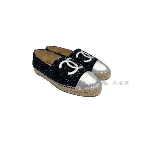 Y1950-Chanel 黑毛呢銀牛皮草編漁夫鞋-1