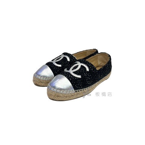 Y1950-Chanel 黑毛呢銀牛皮草編漁夫鞋-2