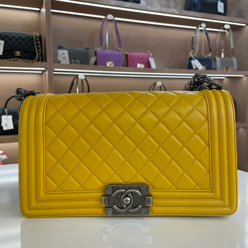 Chanel香奈儿Leboy中號  20開 黄色银扣 经典菱格纹设计链条包 尺寸底長25*高14.5 寬8cm 有塵袋 無卡 無盒子-0