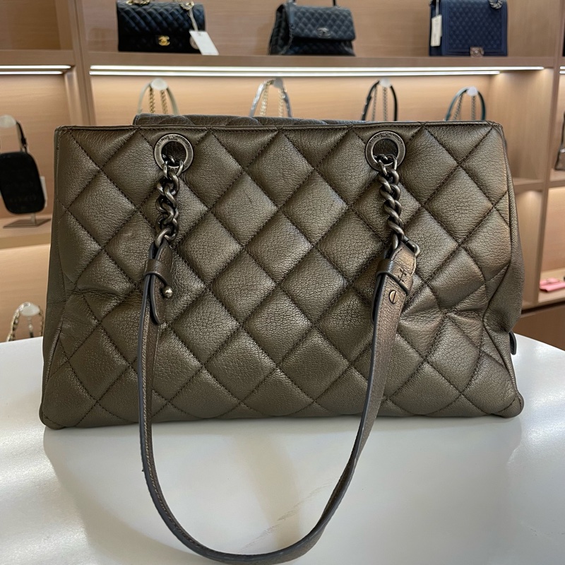 chanel 灰银色 荔枝纹牛皮 复古做旧 TOTE包 大號 尺寸底長33*高25cm   21開 有塵袋 無卡 無盒子-1