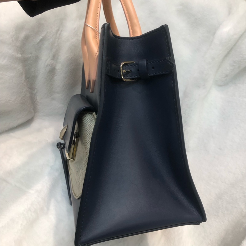 Balenciaga 藍色皮拼米色布 2way XC507-3