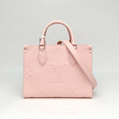 LOUIS VUITTON Onthego小號25粉色牛皮金扣晶片老花壓紋肩背包