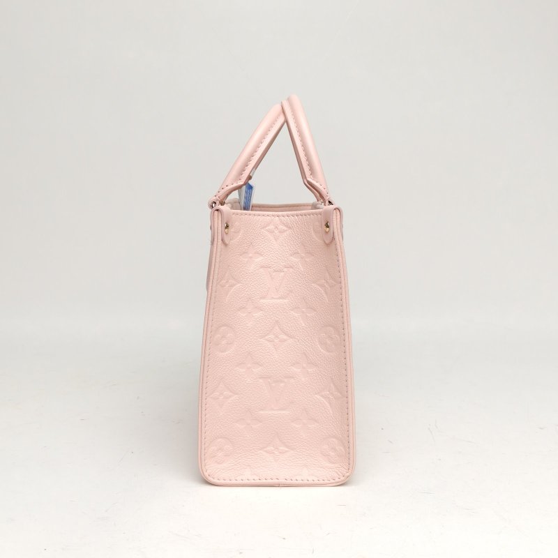LOUIS VUITTON Onthego小號25粉色牛皮金扣晶片老花壓紋肩背包-1