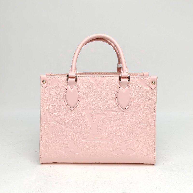 LOUIS VUITTON Onthego小號25粉色牛皮金扣晶片老花壓紋肩背包-2