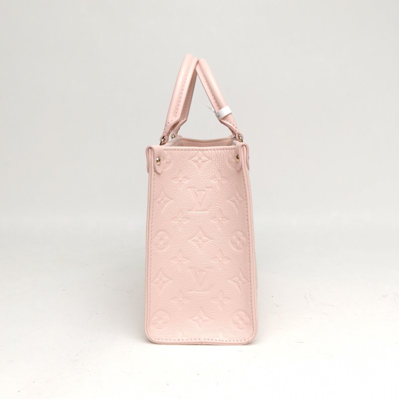 LOUIS VUITTON Onthego小號25粉色牛皮金扣晶片老花壓紋肩背包-3