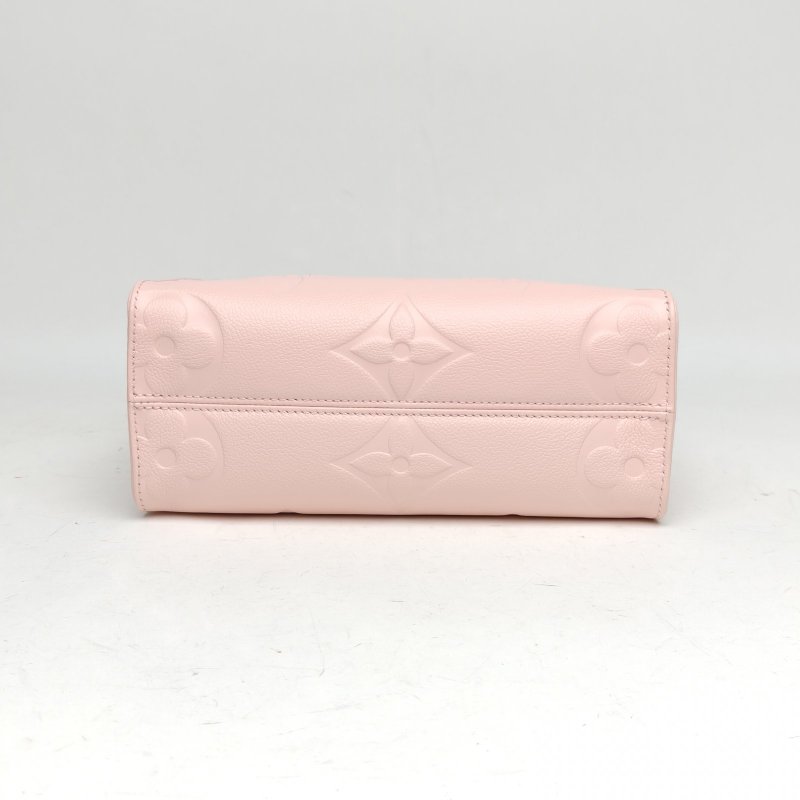 LOUIS VUITTON Onthego小號25粉色牛皮金扣晶片老花壓紋肩背包-4