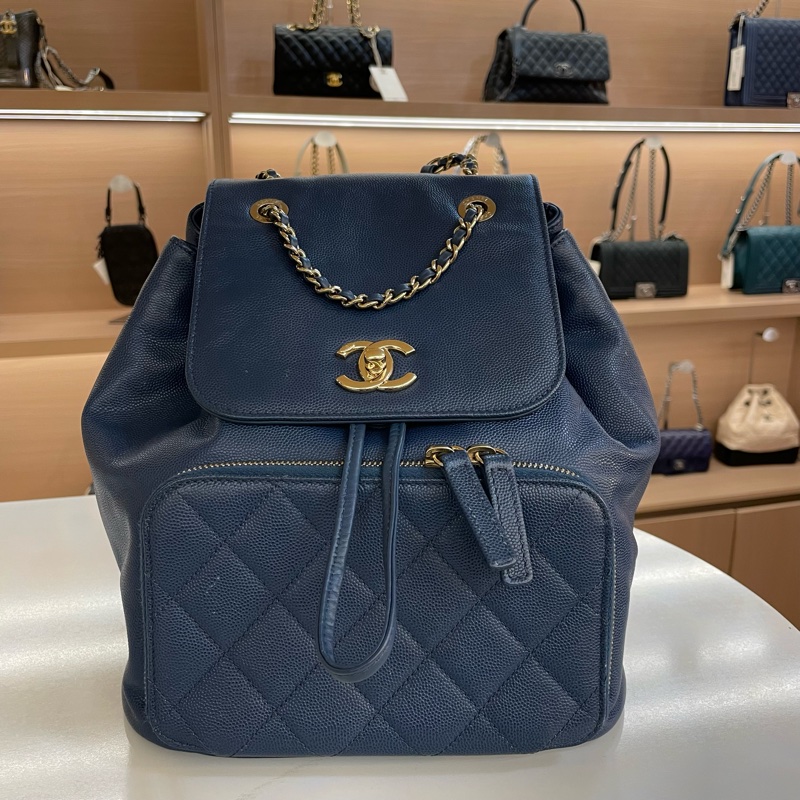Chanel 藍色荔枝纹双肩包 藍金配色 菱格紋 中號 23開  有塵袋 無卡 無盒子-0