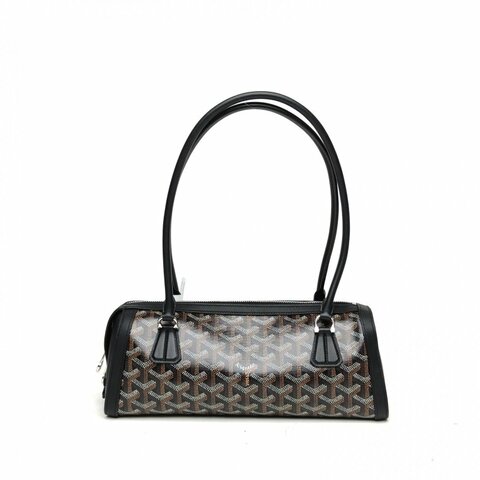 GOYARD Bonbonniere系列老花法棍包黑色牛皮/帆布銀扣肩背包
