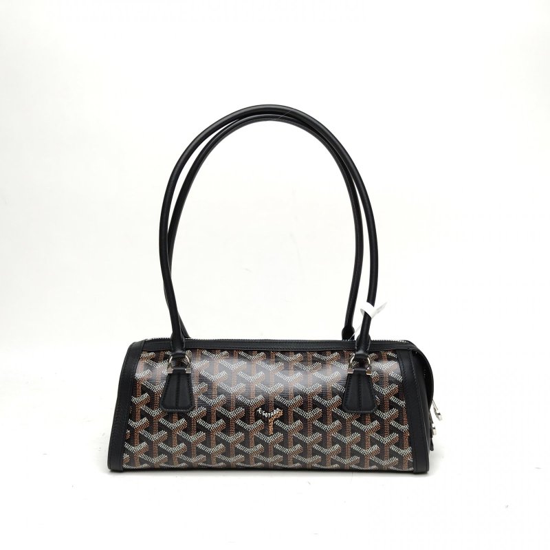 GOYARD Bonbonniere系列老花法棍包黑色牛皮/帆布銀扣肩背包-2