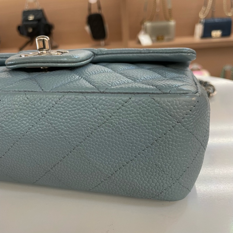 Chanel香奈儿淺蓝色小號荔枝纹牛皮银链包 17開 有塵袋  無卡 無盒子 尺寸 底長20*高12cm-6