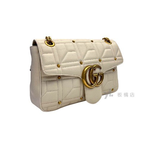Y1968-Gucci Marmont白牛皮方塊紋鉚釘大號肩背包443496-1