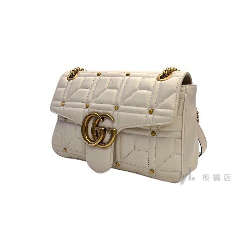 Y1968-Gucci Marmont白牛皮方塊紋鉚釘大號肩背包443496-2
