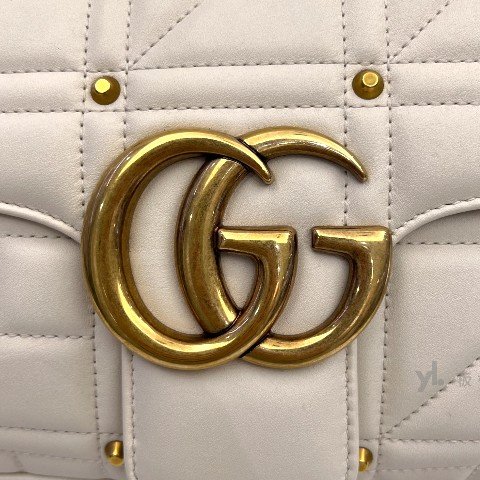 Y1968-Gucci Marmont白牛皮方塊紋鉚釘大號肩背包443496-9