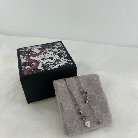 GUCCI 925純銀藍色托帕石心形滑動項鍊