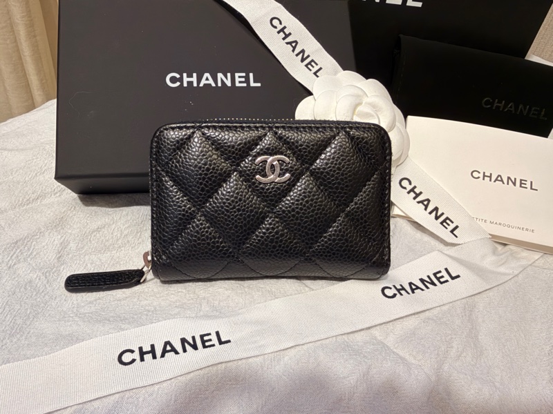 Chanel 經典荔枝皮黑金拉鍊零錢包｜全配｜近新 AP0216-1
